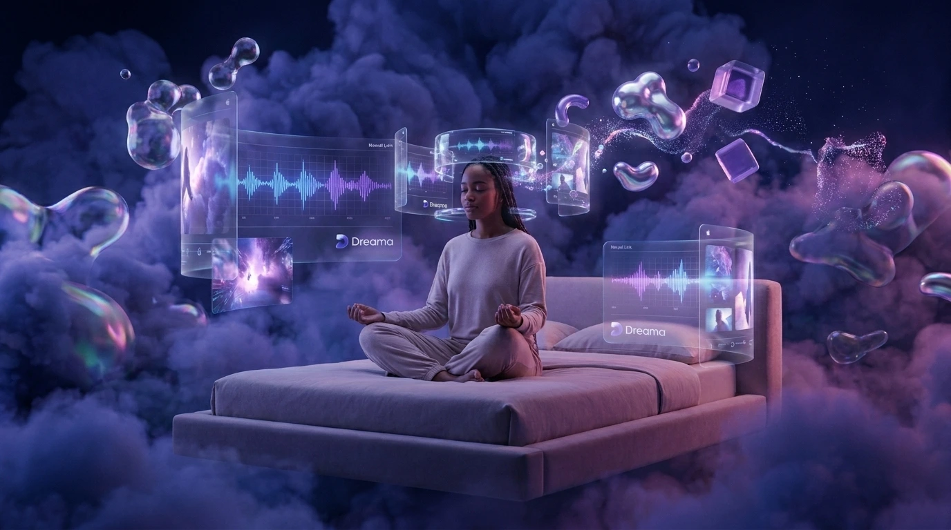 Dreama experience concept: a person meditating on a suspended bed among soft clouds and spatial dream interfaces.