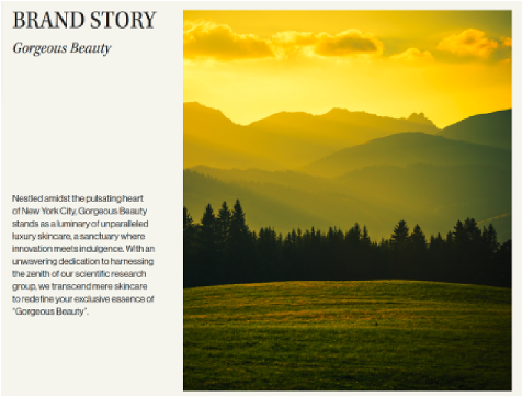 Gorgeous Beauty Brand Story strategy page, with written positioning alongside a sunlit mountain landscape.