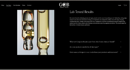 GOB Lab Tested Results website screen, pairing gold serum imagery with product information on black.
