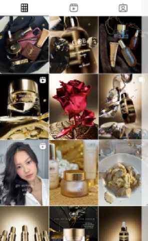 GOB Instagram grid showing gold skincare products, campaign imagery, lifestyle portraits, and brand details.