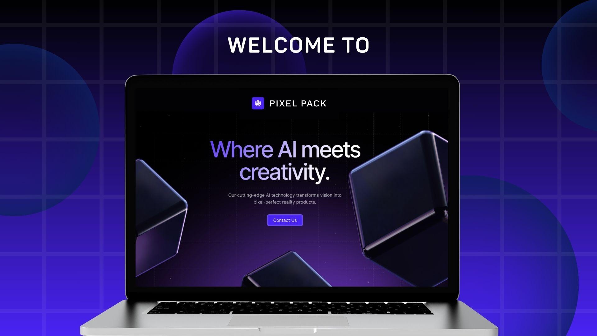 Pixel Pack platform shown on a laptop, with the brand statement Where AI meets creativity.