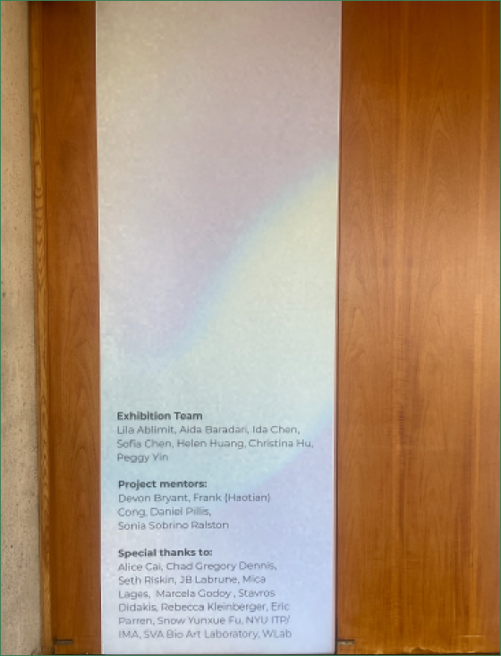 Exhibition team credits beside a reflective installation surface.