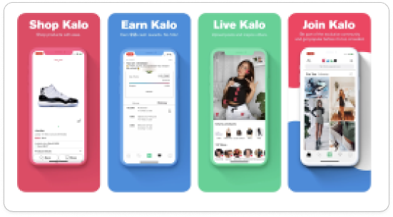 Kalo mobile experience across shopping, earning, live content, and participation.