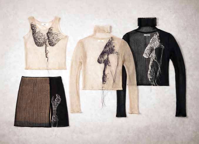 Melting embroidered knitwear in ivory, black, and brown.