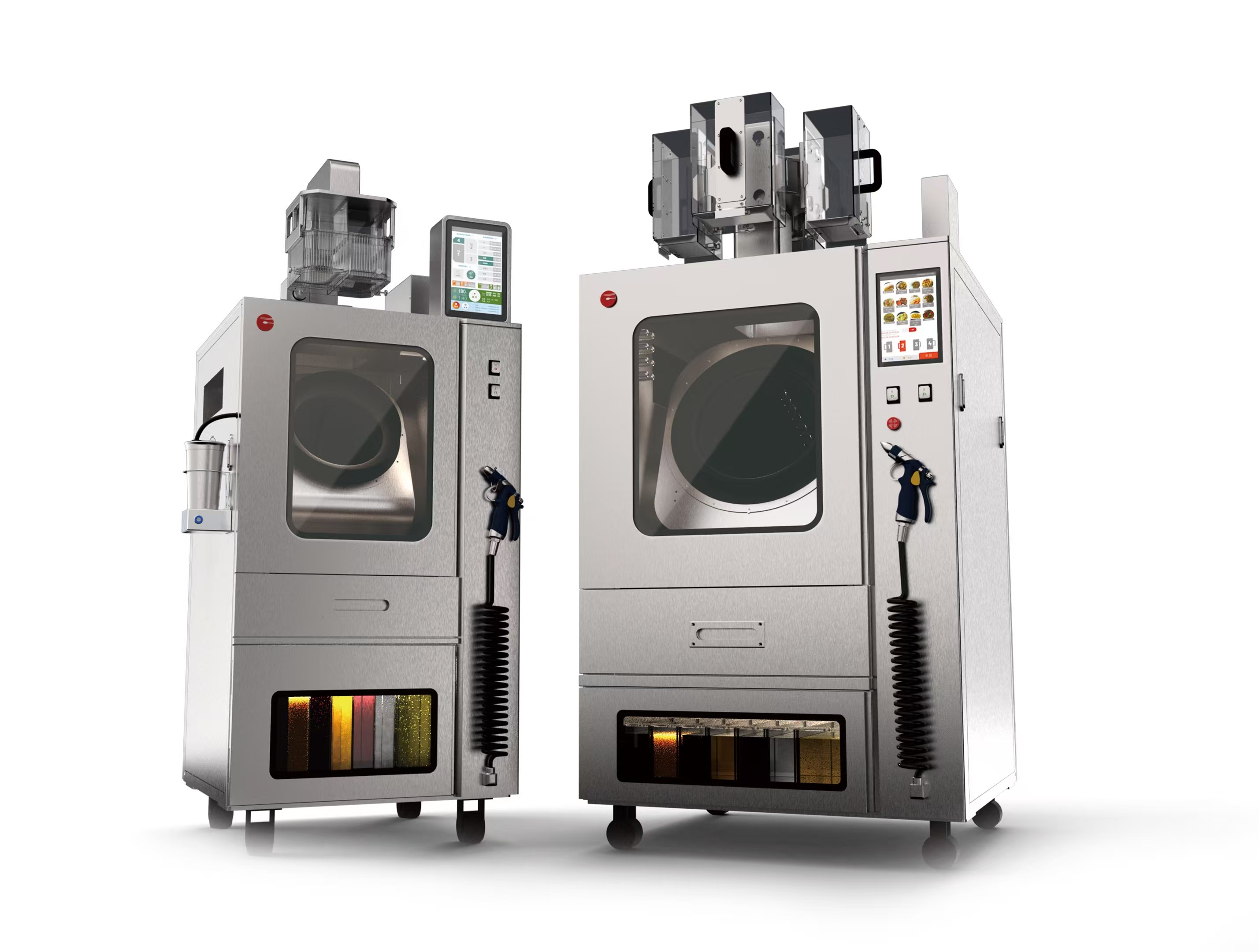 Two stainless-steel cooking robots with touchscreens, shown side by side against a white background.